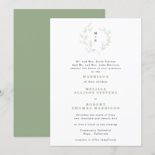 Invitation Simple croquis couronne monogramme Mariage vert