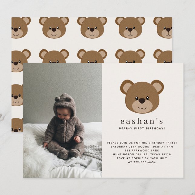 Invitation Simple Cute Bearly One Photo 1er anniversaire (Devant / Derrière)