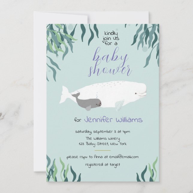 Invitation Simple Cute Beluga Baleine Baby shower bleu clair (Devant)