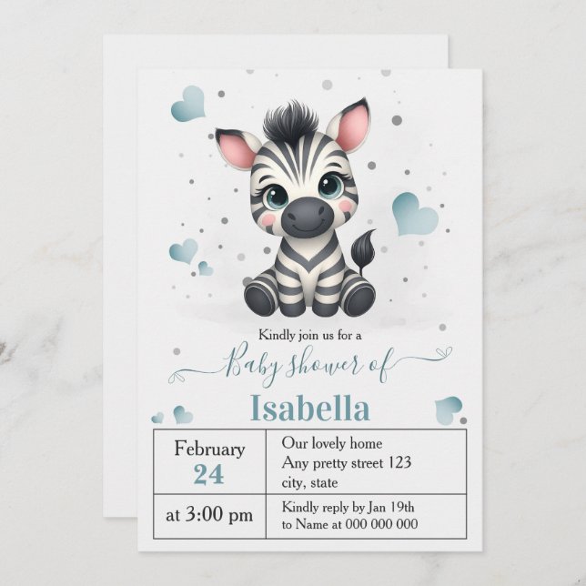 Invitation Simple cute little zebra baby shower (Devant / Derrière)