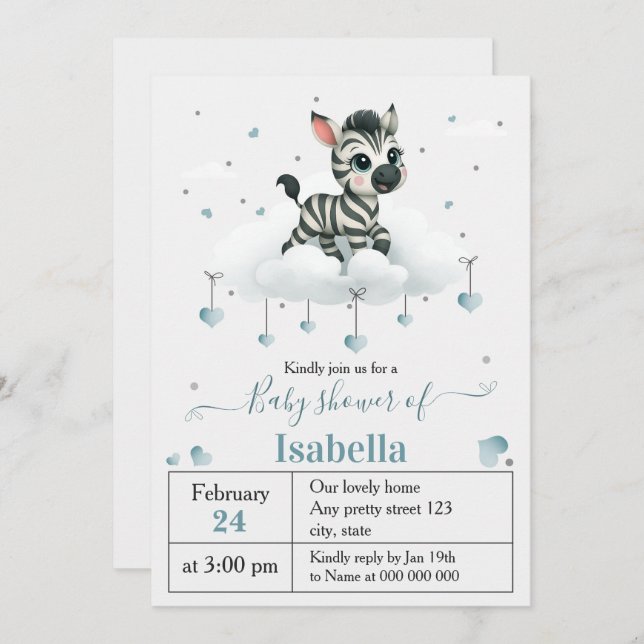 Invitation Simple cute little zebra baby shower (Devant / Derrière)