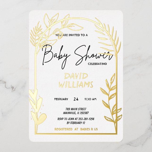Invitation simple de Baby shower blanc et or (Recto)