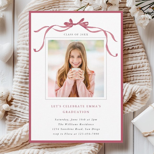 Invitation Simple Deep Blush Bow Graduation Party Photo (Créateur téléchargé)