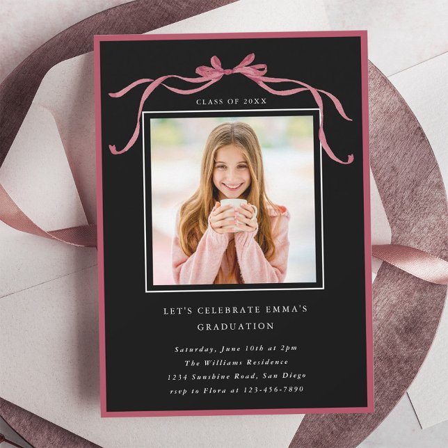 Invitation Simple Deep Blush Bow Graduation Party Photo Black (Créateur téléchargé)
