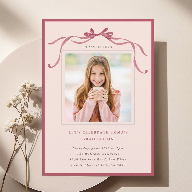 Invitation Simple Deep Blush Bow Graduation Party Photo Pink (Créateur téléchargé)
