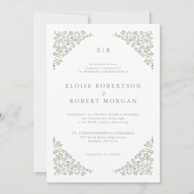 Invitation Simple Delicate Floral QR code Sage Green Mariage (Devant)