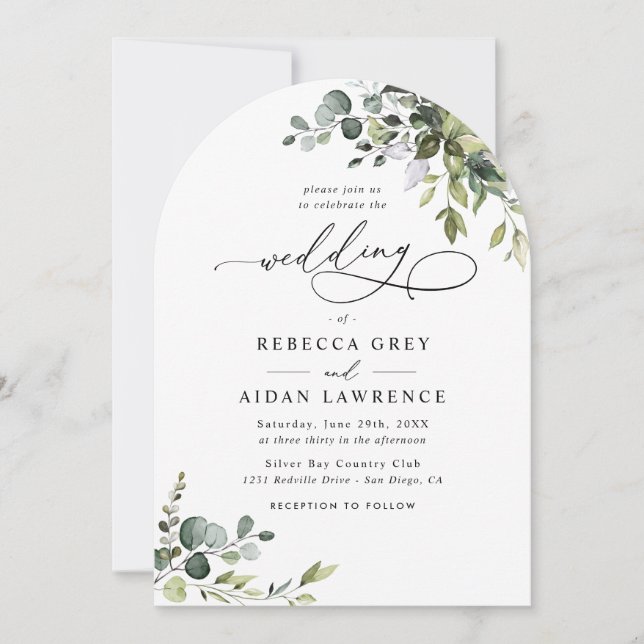 Invitation Simple Dusty Blue Eucalyptus Mariage Arc vert (Devant)
