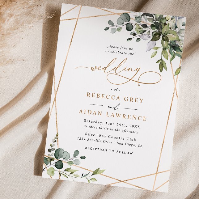 Invitation Simple Dusty Blue Eucalyptus Mariage or vert (Créateur téléchargé)