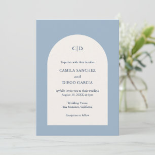Invitation Simple Dusty Blue Monogram Arch Mariage moderne