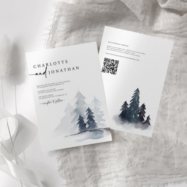 Invitation Simple Dusty Blue Mountain QR Code Mariage (Créateur téléchargé)