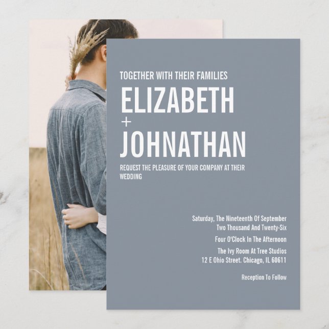 Invitation Simple Dusty Blue Typographie Mariage Photo (Devant / Derrière)