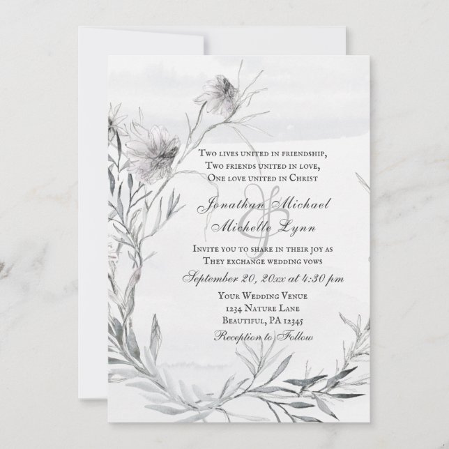 Invitation Simple Dusty Grey Crayon Fleurs Mariage chrétien (Devant)