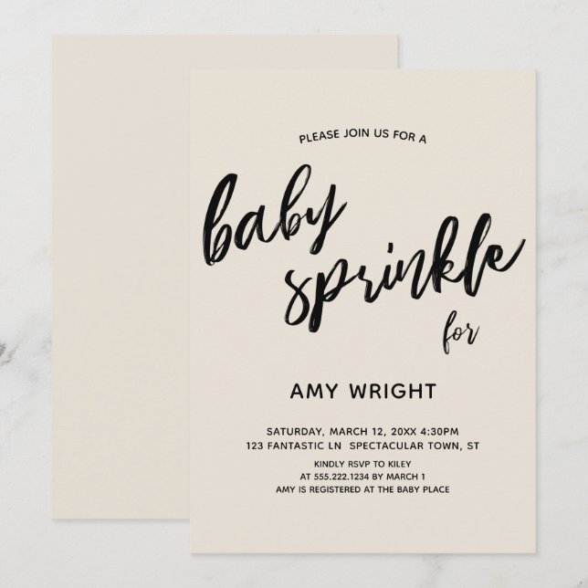 Invitation Simple écriture moderne à la main Baby Sprinkel Cr (Devant / Derrière)