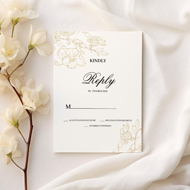 Invitation Simple élégance blanc or floral Mariage RSVP (Simple elegant white gold floral Wedding RSVP)