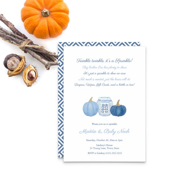 Invitation Simple élégance Citrouille garçon bébé fêté (Light Blue And Dark Blue watercolor pumpkins ginger jar Baby Sprinkle Party Invitation)