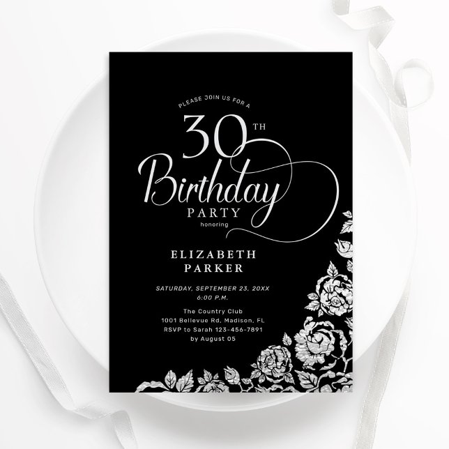 Invitation Simple Elégant 30e anniversaire Black Silver Roses (Créateur téléchargé)