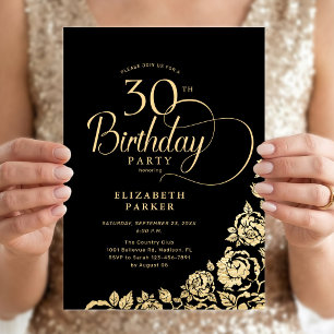 Invitation Simple Élégant 30e Anniversaire Roses Noires et Do