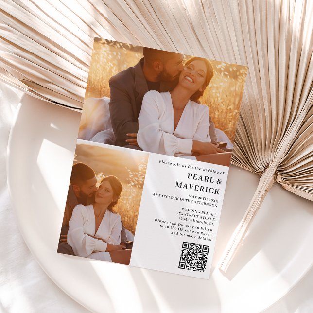 Invitation Simple élégant 3 photo code qr noir blanc mariage (Créateur téléchargé)