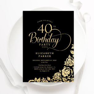 Invitation Simple élégant 40e anniversaire Black Gold Roses