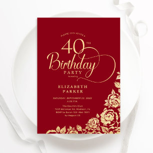Invitation Simple élégant 40e anniversaire Roses d'or rouge