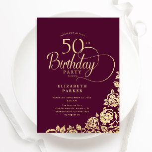 Invitation Simple élégant 50e Anniversaire Bourgogne Or