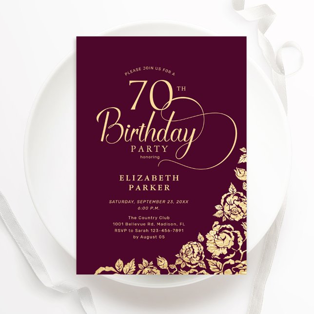Invitation Simple élégant 70e Anniversaire Bourgogne Or (Créateur téléchargé)