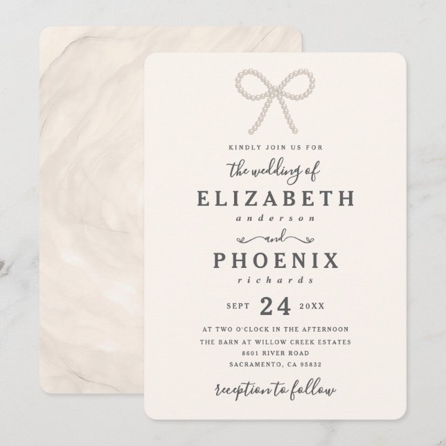 Invitation Simple Elegant Antique Pearl Pearl Bow Wedding (Devant / Derrière)