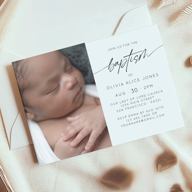Invitation Simple Élégant Baptême Christening Script Photo (Créateur téléchargé)