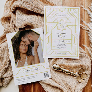 Invitation Simple Elegant Black Gold Art Déco QR Code Photo