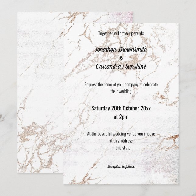 INVITATION SIMPLE ÉLÉGANT BLANC ROSE OR MARBRE MARIAGE (Devant / Derrière)