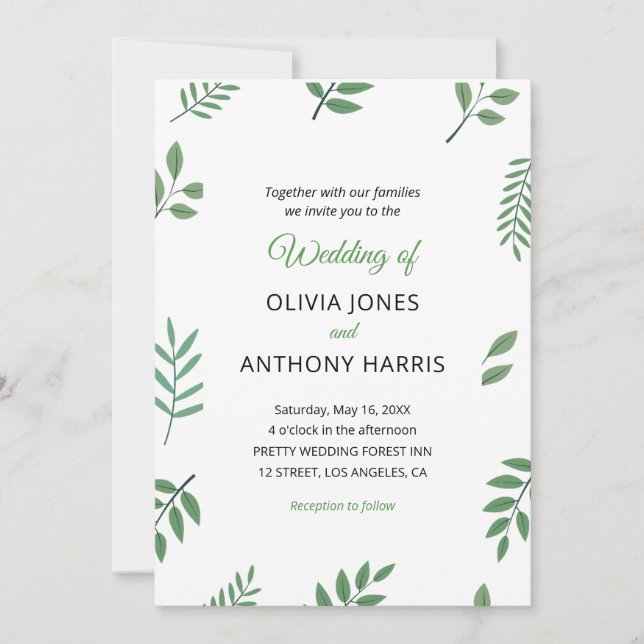 Invitation Simple Elegant Botanical Greenery Leaves Wedding  (Devant)