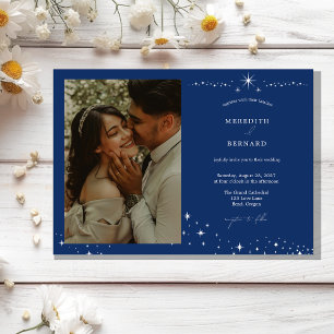 Invitation Simple Élégant Céleste Mariage Photo Horizontal