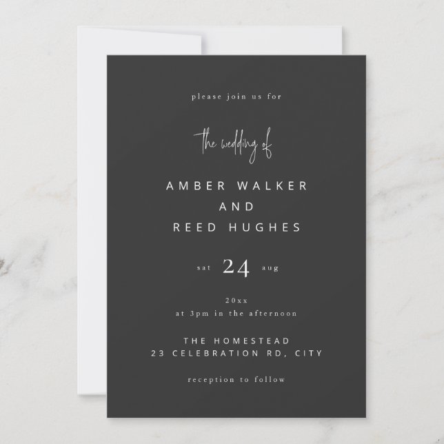 Invitation Simple Elegant Classic Mariage Noir Matte Script (Devant)