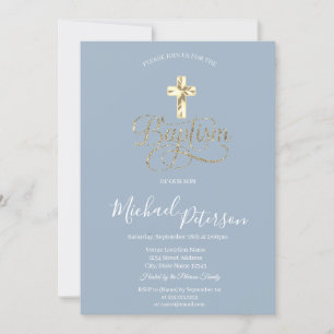 Invitation Simple Élégant Croix d'Or Baptême Bleu Poussiéreux