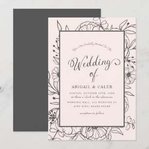 Invitation Simple Elégant croquis floral rose et Mariage gris