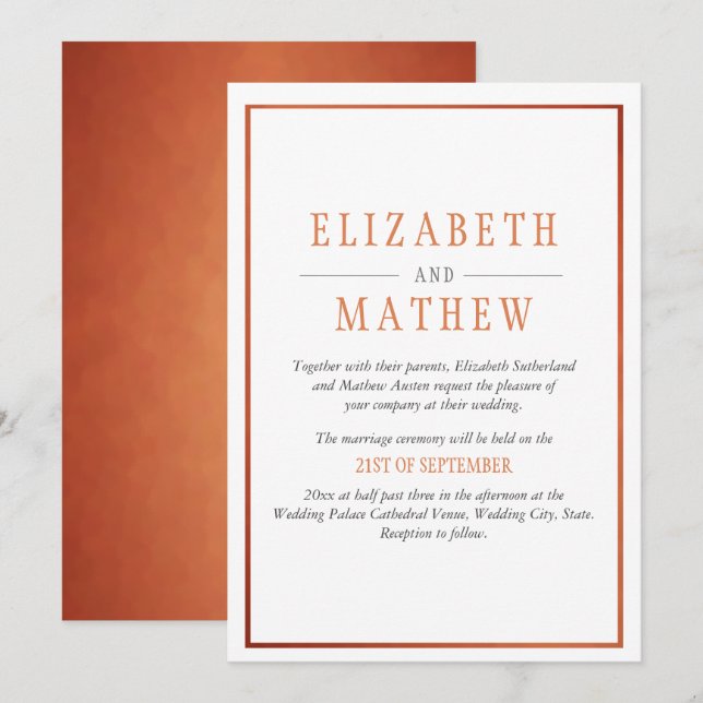 Invitation Simple élégant Cuivre blanc Orange Mariage moderne (Devant / Derrière)