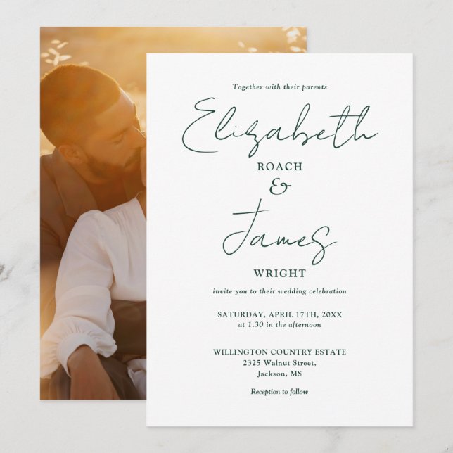 Invitation Simple Elegant Emerald Green Script Mariage photo (Devant / Derrière)