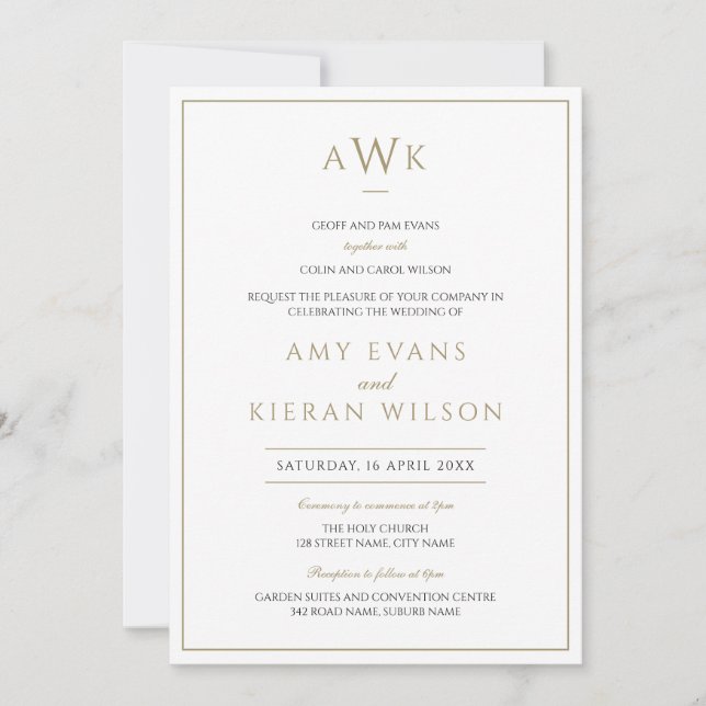Invitation Simple Elegant Faux Gold Classic Monogram Mariage (Devant)