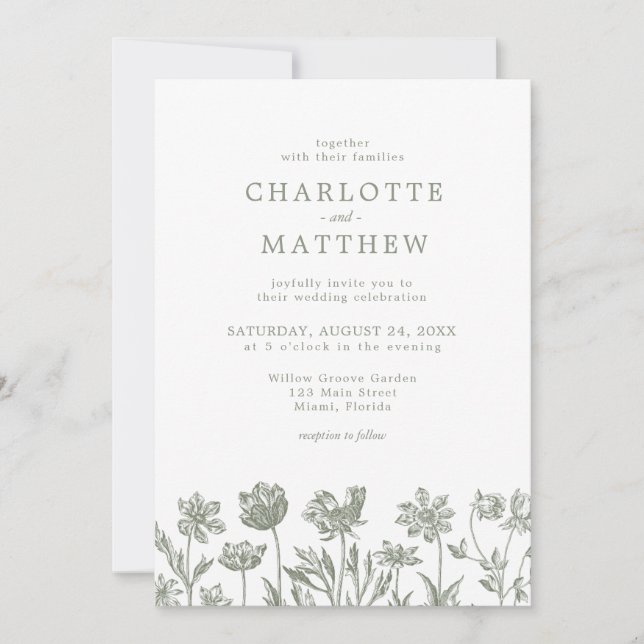 Invitation Simple Elégant Fleur Sage Vert Mariage (Devant)