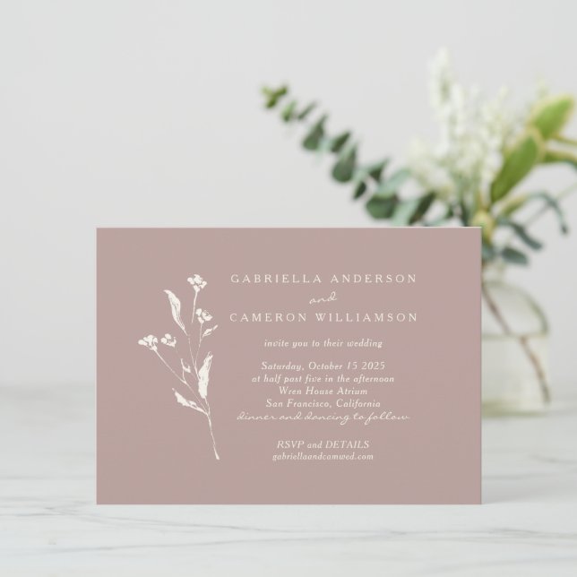 Invitation Simple Elégant Floral Dusty Mauve Mariage ivoire (Debout devant)