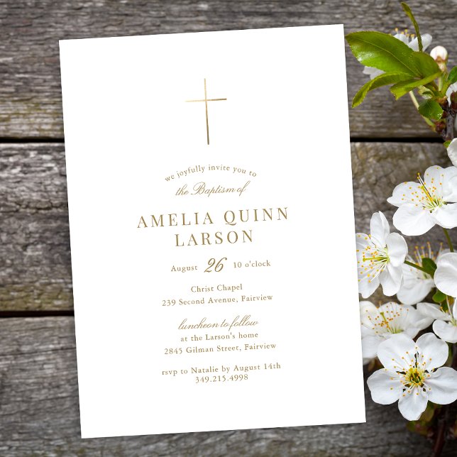 Invitation simple Elegant Gold Cross Baptism (Créateur téléchargé)