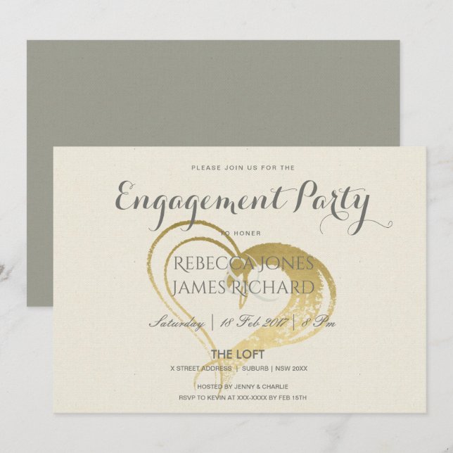 INVITATION SIMPLE ÉLÉGANT GOLD HEART TYPOGRAPHIE FIANÇAILLES (Devant / Derrière)