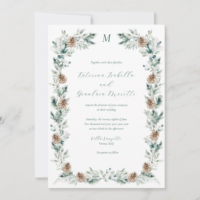 Invitation Simple Elégant Hiver Verdure Mariage blanc (Devant)