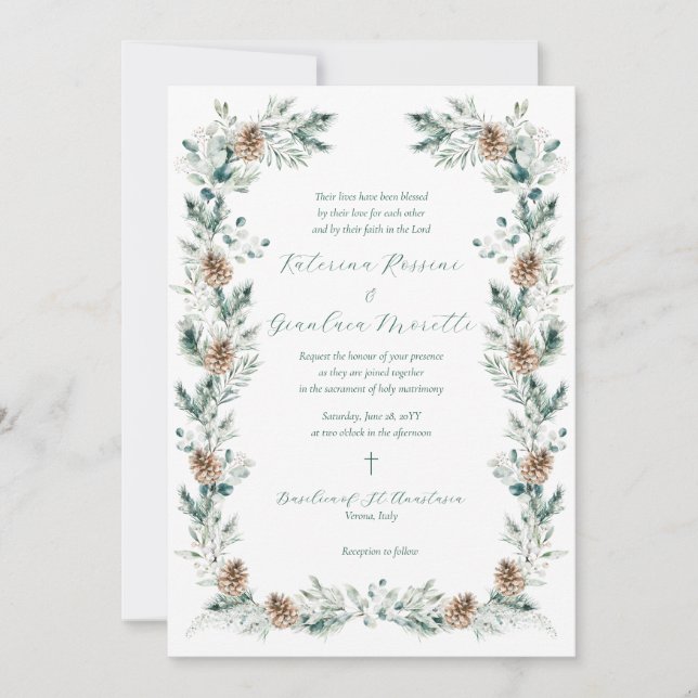 Invitation Simple Elégant hiver verdure Mariage catholique (Devant)