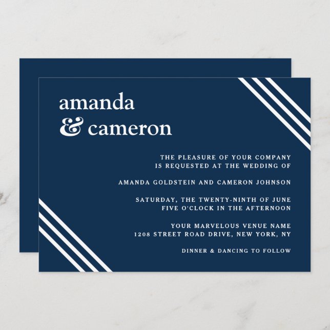 Invitation Simple Elegant Mariage bleu marine (Devant / Derrière)
