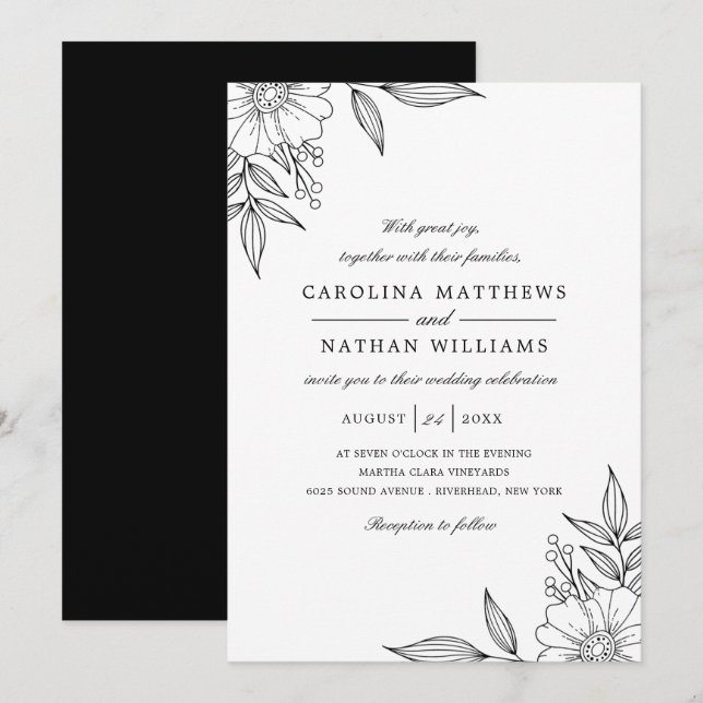Invitation Simple Elégant Mariage de coins floraux Noir (Devant / Derrière)