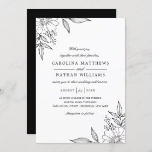 Invitation Simple Elégant Mariage de coins floraux Noir