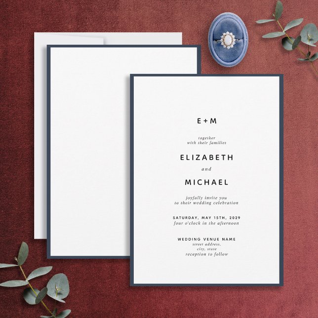 Invitation Simple Elegant Mariage de Monogramme bleu et blanc (Créateur téléchargé)