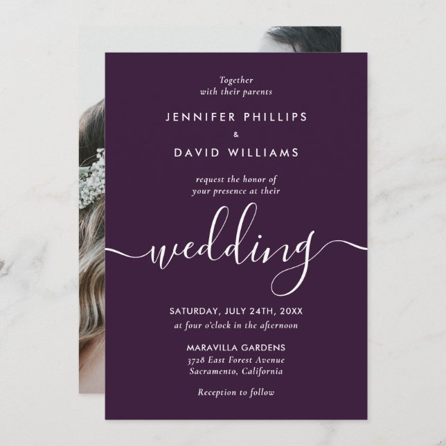 Invitation Simple Elegant Mariage photo moderne violet (Devant / Derrière)