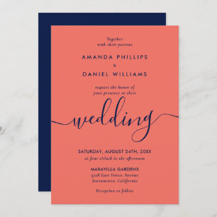 Invitation Simple Elegant Marine Bleu et Corail Mariage moder
